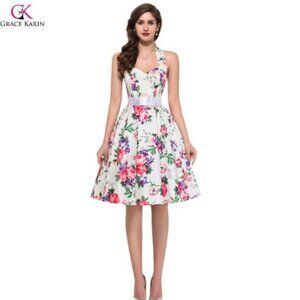 Grace Karin Vintage Halter Floral Print Sleeveless High Waist Ball Room dress